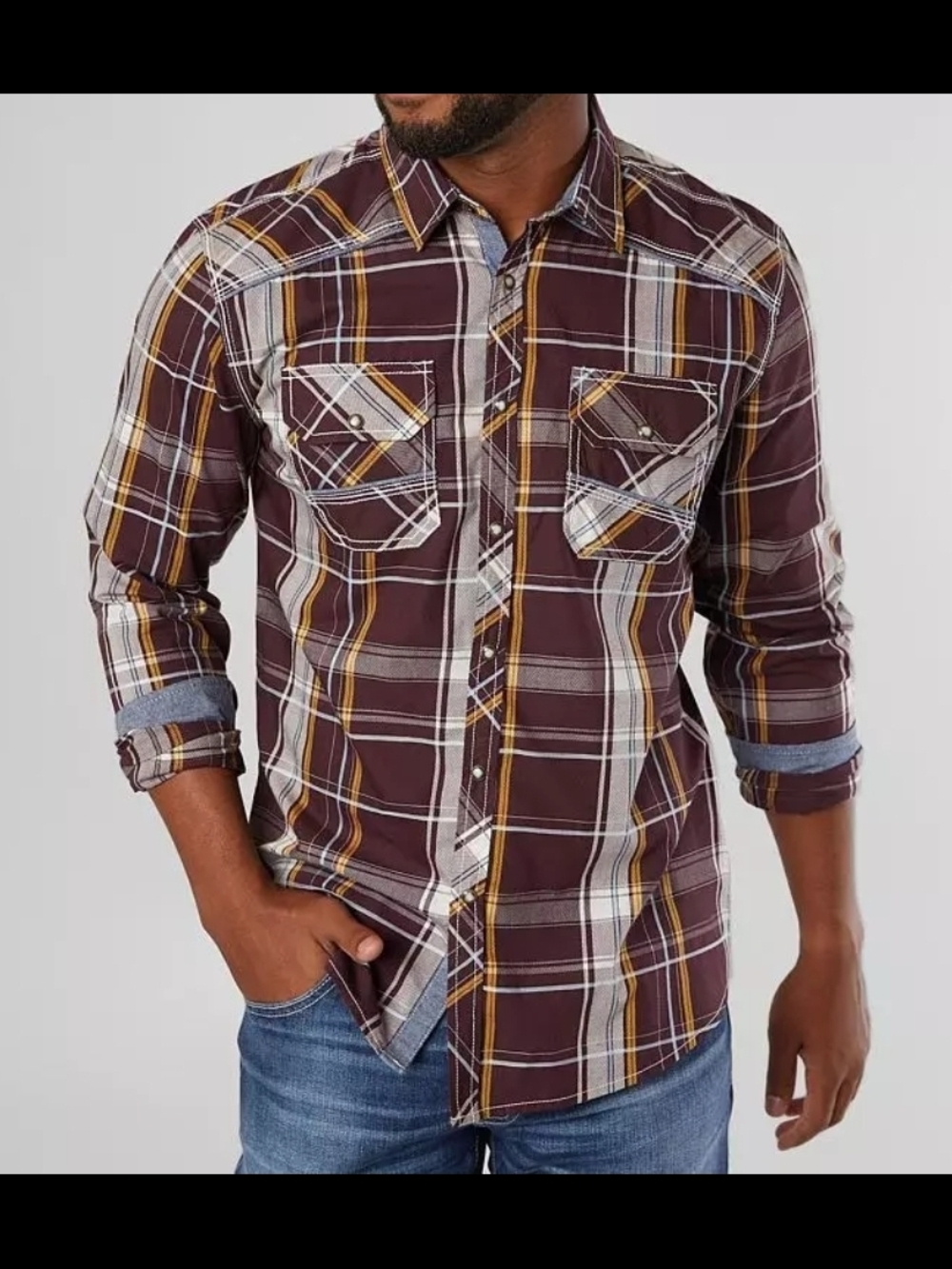 BKE Buckle Mens Pearl Snap Shirt L Athletic Fit Maroon White Plaid Rodeo Western